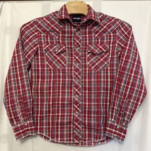Wrangler Shirt Pearl Snap Mens Size Medium‎ Red Blue Plaid Long Sleeve Western